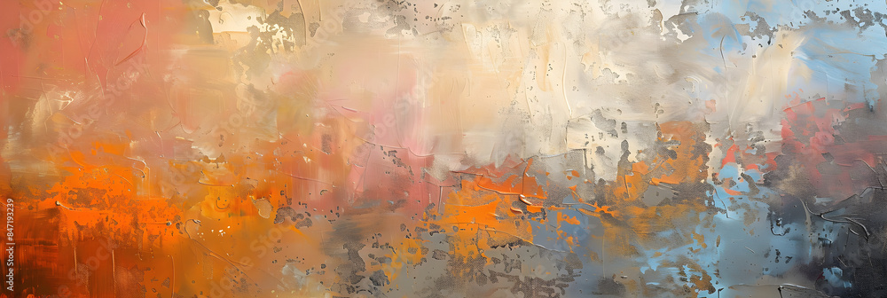 Obraz premium An abstract painting with a colorful, textured canvas featuring warm, cool, and neutral tones. Ideal for decoration, art galleries, and design projects, with copy space