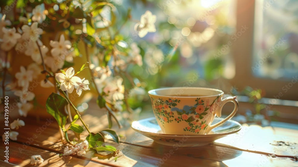Coffee cup on wooden table with floral decoration prepared for breakfast in morning sunlight Coffee cup on wooden table with floral decoration prepared for breakfast in morning sunlight