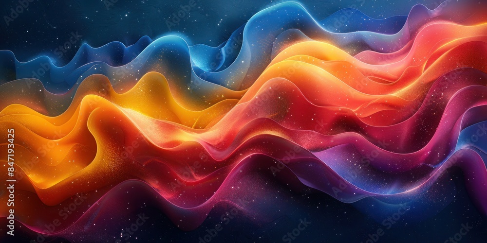 Abstract digital artwork with flowing waves of vibrant colors and tiny specks of light. Abstract digital artwork with flowing waves of vibrant colors and tiny specks of light.