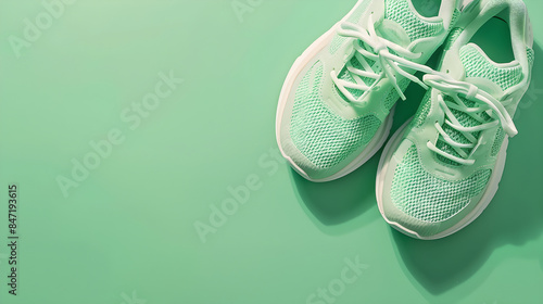 Light green athletic sneakers on a matching background, ideal for workout, sports, casual wear, and active lifestyle designs, with copy space photo