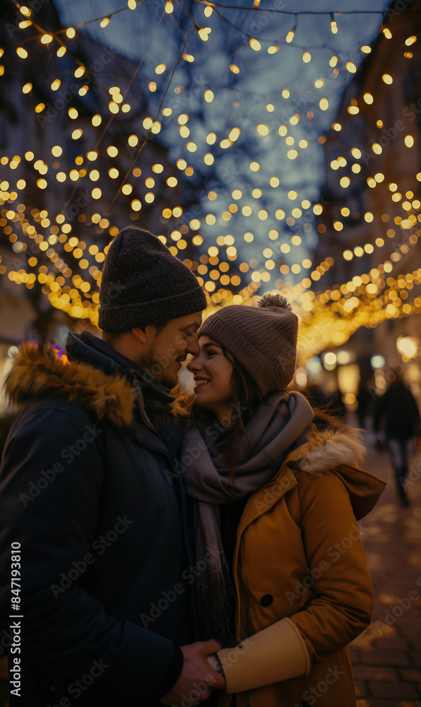 Young couple holding hands and enjoying christmas lights on city street Young couple holding hands and enjoying christmas lights on city street