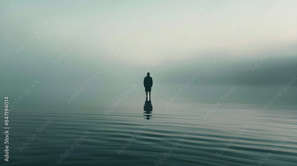 Silhouette of a man standing in calm water with fog, creating a serene and reflective atmosphere. Great for designs conveying solitude, peace, or tranquility, with copy space Silhouette of a man standing in calm water with fog, creating a serene and reflective atmosphere. Great for designs conveying solitude, peace, or tranquility, with copy space