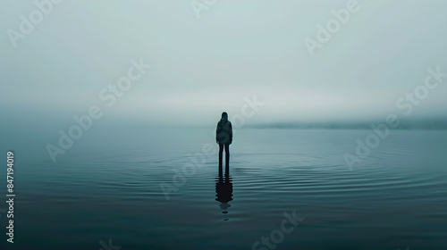 Dark silhouette of a man standing in calm water with fog, evoking a serene, contemplative, and mysterious atmosphere, suitable for designs related to solitude, reflection, or tranquility
