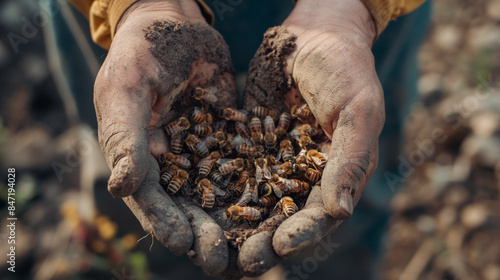 Global environmental problem of bee extinction, bees in hands