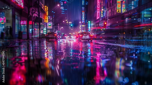A city street at night with rain falling and reflections of neon lights. © stocker