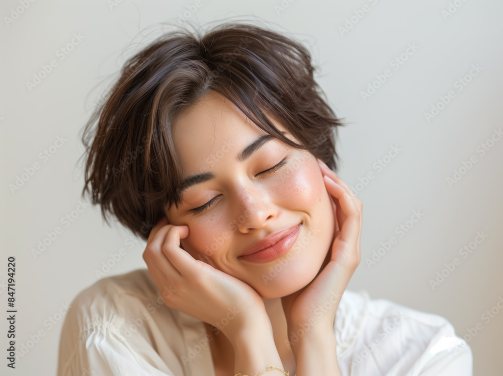 Serene Woman Smiling with Closed Eyes. A peaceful woman with short hair smiles gently with her eyes closed, conveying relaxation and contentment. Serene Woman Smiling with Closed Eyes. A peaceful woman with short hair smiles gently with her eyes closed, conveying relaxation and contentment.