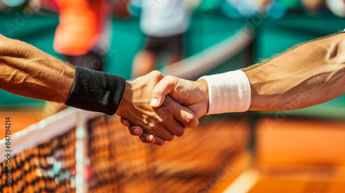 two tennis players shaking hands at the net after the match - competition and sportsmanship concept