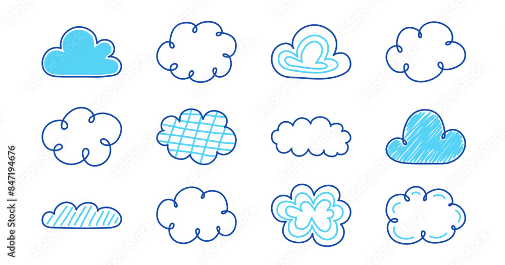Obraz premium Set with hand drawn cloud icons. Vector illustration