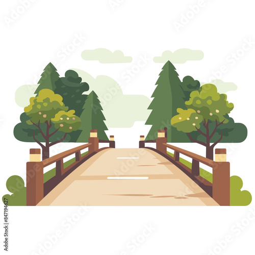 Wooden bridge over river, surrounded green trees, isolated white background. Wooden railing along scenic pathway, evergreen pine trees, minimalistic natural landscape. Artistic park scenery, digital