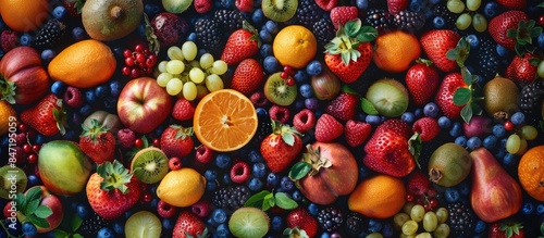 A Collection of Fresh Fruits and Berries Displayed in a Vibrant Mix from Top View