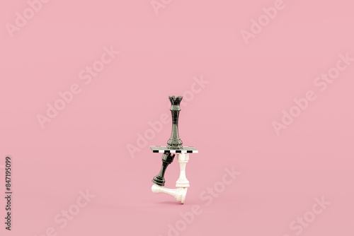 Chess pieces balance 3D concept. Hierarchy, cooperation, teamwork.  