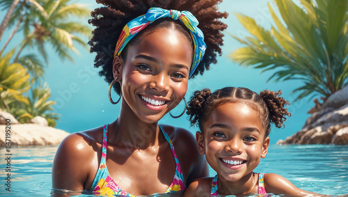 African American kids in a swimming pool They both are wearing swimsuits and blue sunglasses on their heads. The child is leaning on the edge of the pool next to a yellow beach ball. In the background