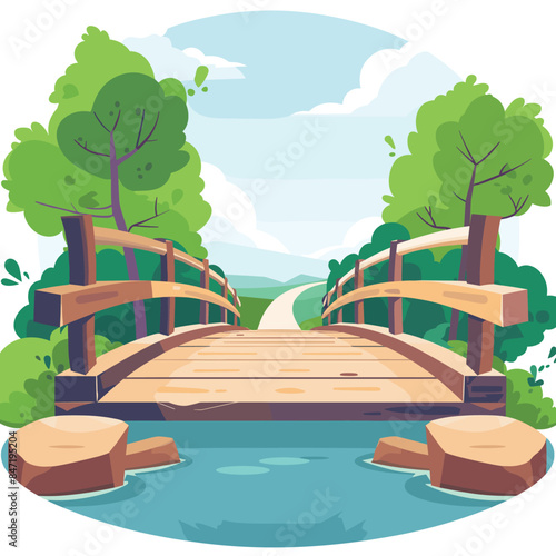 wooden bridge stretches over clear blue stream flanked large rocks set lush, green forest, sky above bright blue scattered clouds, dirt pathway meanders into distance. Vivid colors flat
