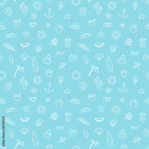 Abstract background with hand drawn summer icons. Seamless pattern. Vector illustration