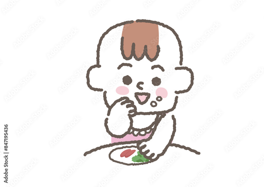 食べ物を掴んで食べている赤ちゃんのイラスト 食べ物を掴んで食べている赤ちゃんのイラスト