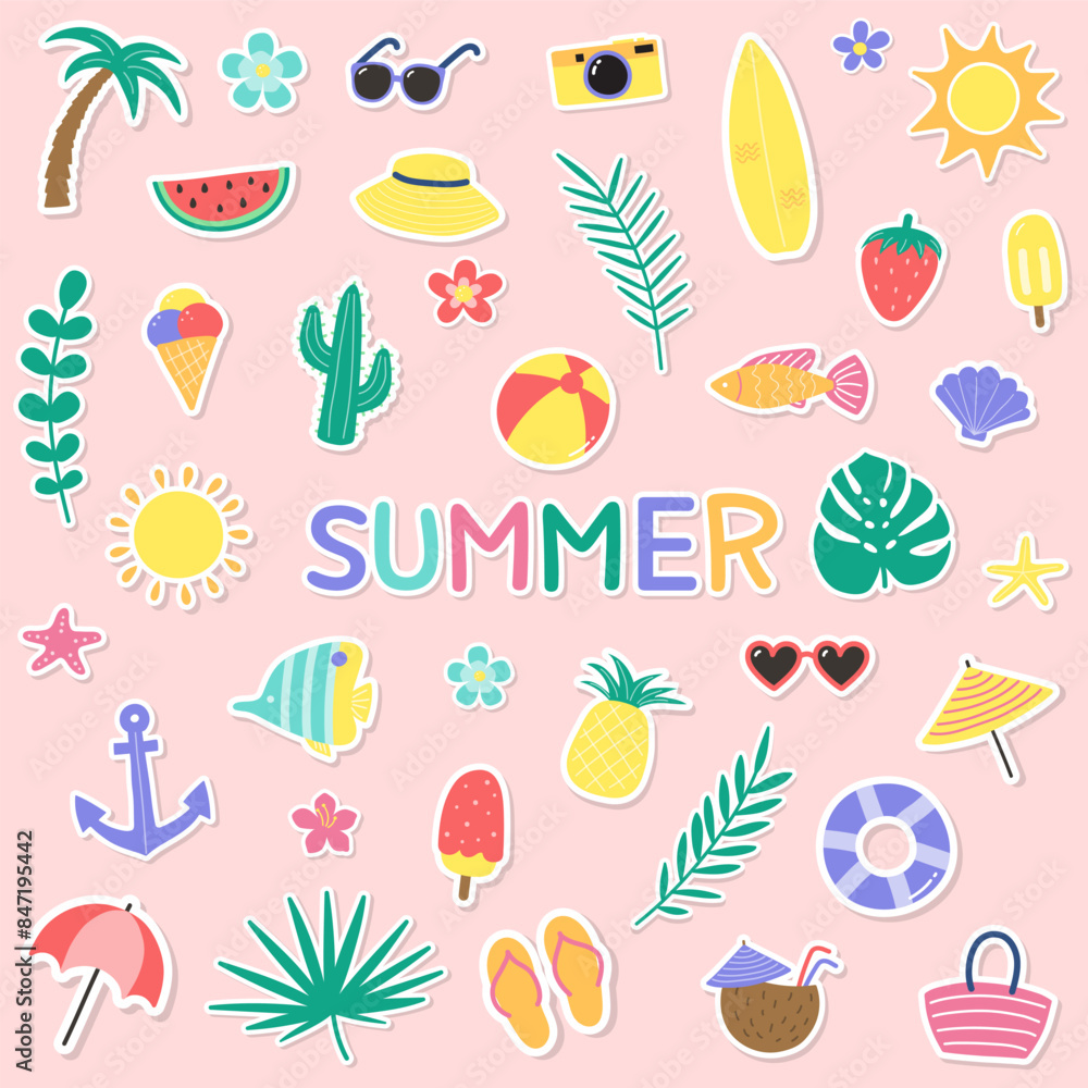 Set with cartoon summer stickers. Design with colourful icons. Vector illustration Set with cartoon summer stickers. Design with colourful icons. Vector illustration