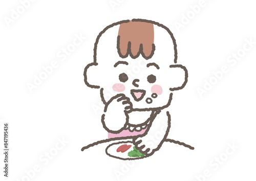 食べ物を掴んで食べている赤ちゃんのイラスト