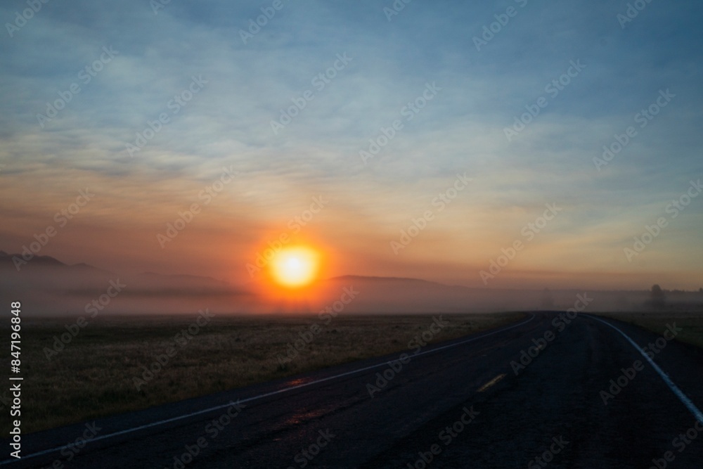 Dawn on a Driving Route Through Yellowstone. Dawn on a Driving Route Through Yellowstone.