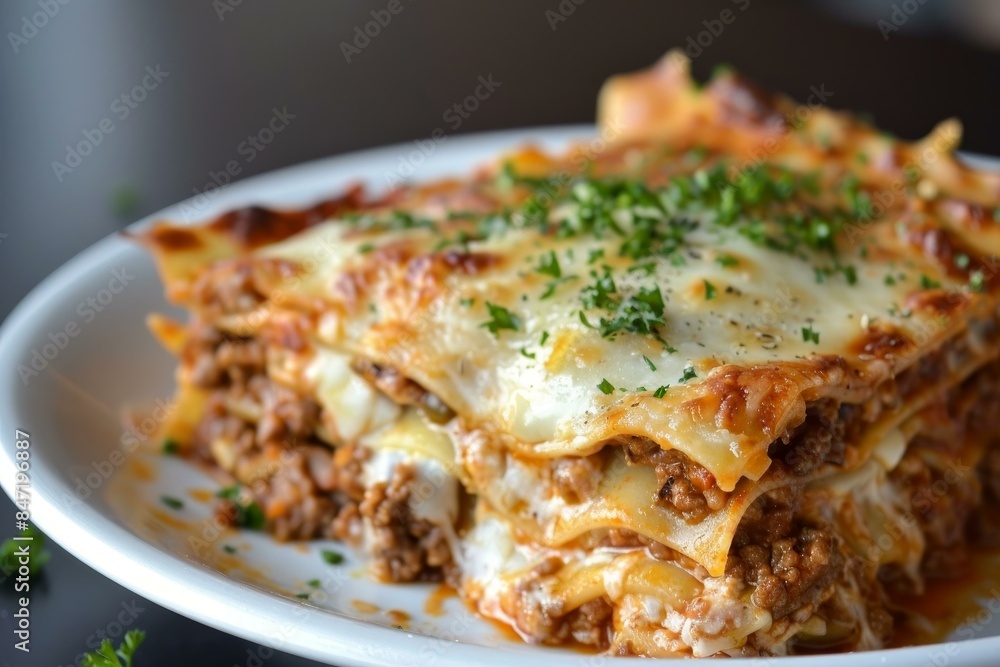 Delicious lasagna with melted cheese and greens being served on white plate Delicious lasagna with melted cheese and greens being served on white plate