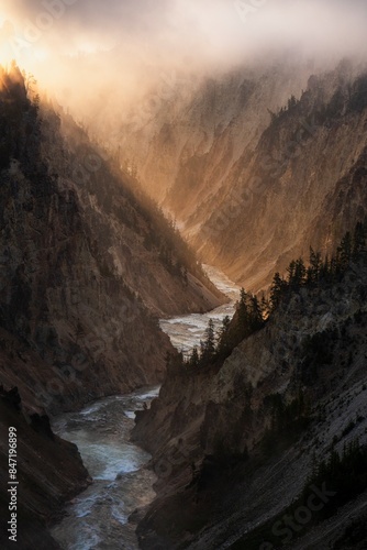 View from the lower falls of Yellowstone at sunrise. photo