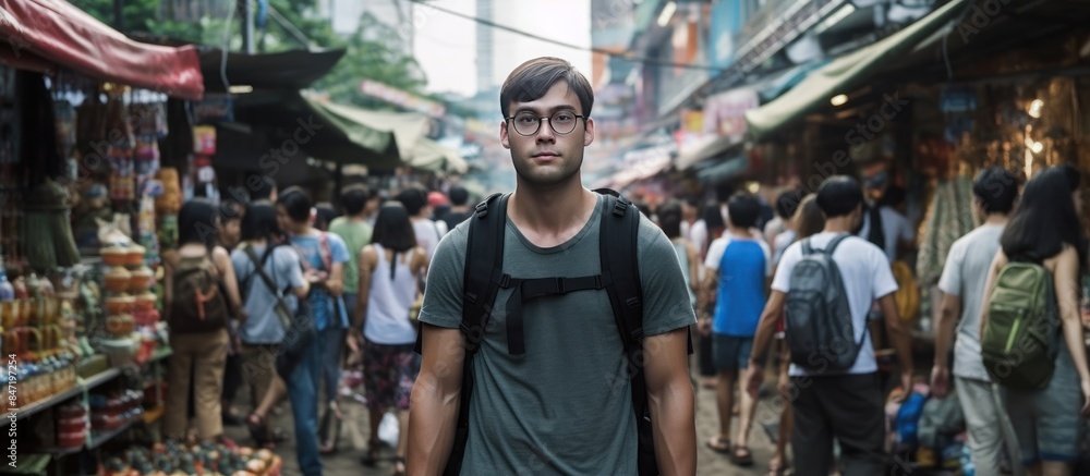 Young Man with Backpack Standing Amidst a Busy Market Young Man with Backpack Standing Amidst a Busy Market