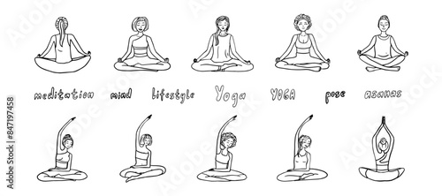 Big set of Yoga theme in doodle style. Yoga lovers girl. Balance, body, mind, energy, fitness, health, asanas, posture, harmony, exercise, stretching, pose, lifestyle, meditation, sport. Hand drawn