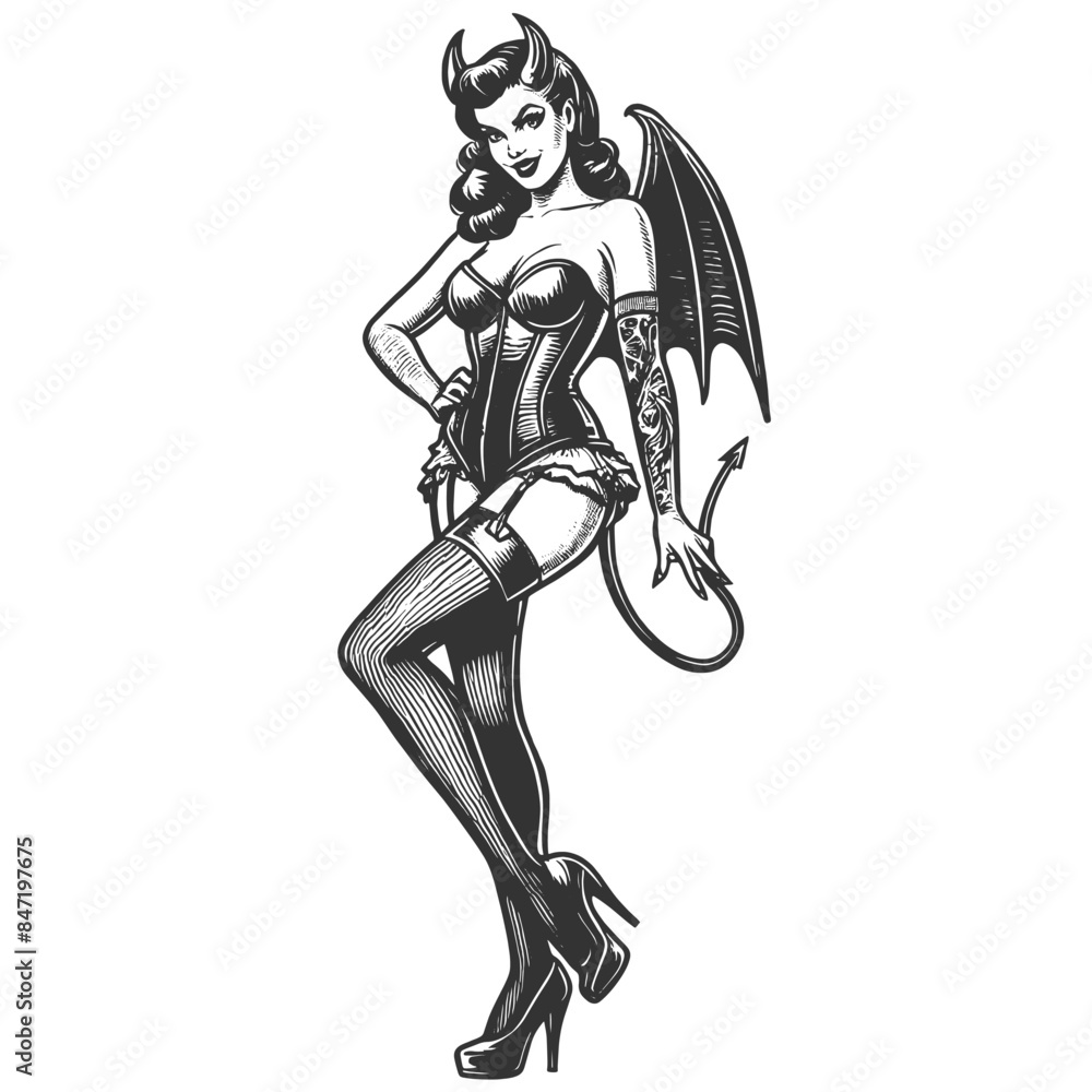 Naklejka premium fantasy devil woman in two poses sketch engraving generative ai fictional character vector illustration. Scratch board imitation. Black and white image.