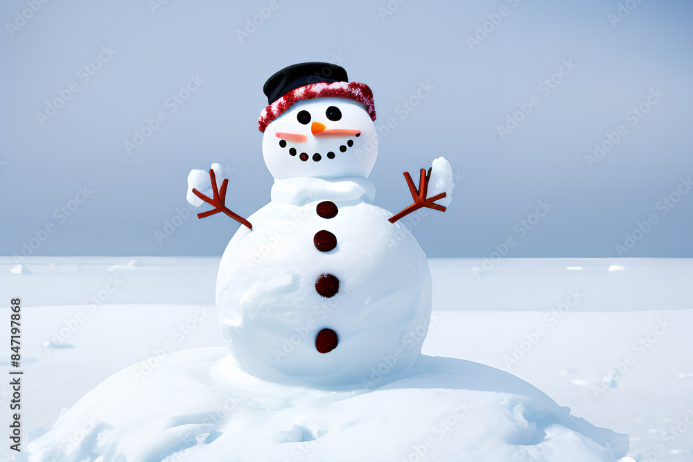 Snowman in a Christmas snowy setting with a hat, black buttons, and tree branch hands, creating festive holiday charm Snowman in a Christmas snowy setting with a hat, black buttons, and tree branch hands, creating festive holiday charm