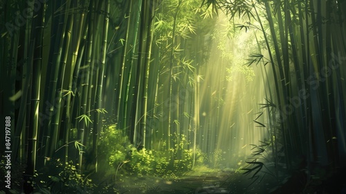 Digital scene of a tranquil bamboo forest  sunlight streaking through tall stalks   soft forest floor   noon   warm  dappled light