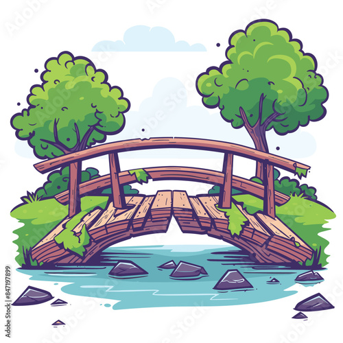 Dilapidated wooden bridge crossing serene stream tall trees surrounding, lush greenery blue sky. Cartoonstyle rickety bridge straddling gentle river lush landscape rolling hills. Rustic wooden