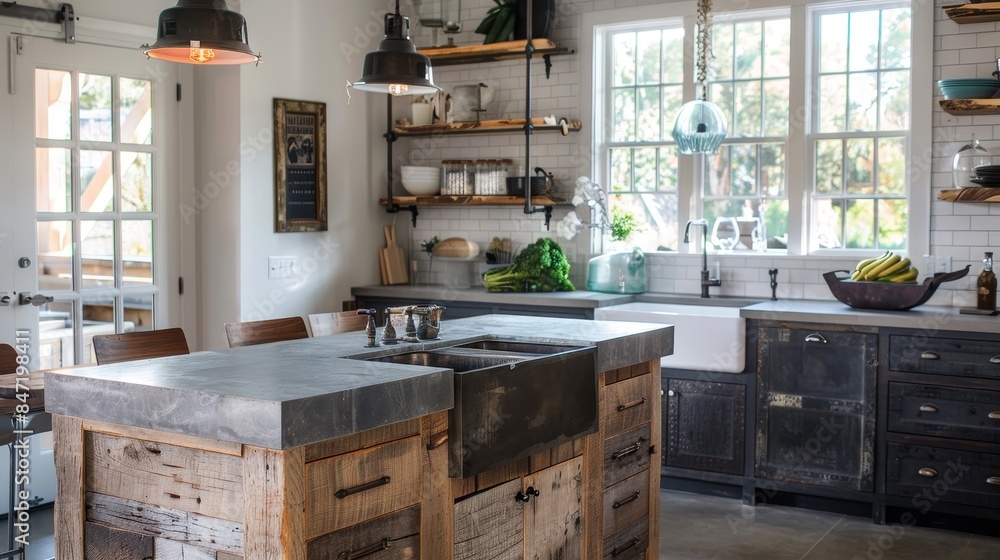 Fototapeta premium Rustic modern kitchen featuring reclaimed wood, farmhouse sink, and stylish industrial lighting