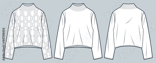 Sweater technical fashion illustration. Cable Knit Sweater fashion flat technical drawing template, oversize, roll neck, front and back view, white, women, men, unisex Top CAD mockup set.