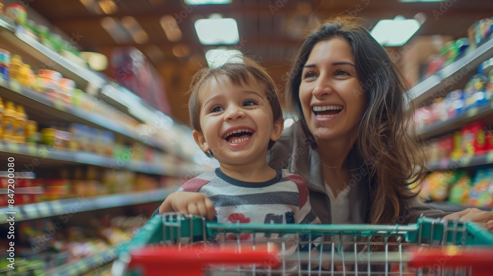Happy Family Shopping Together in a Supermarket Generative AI