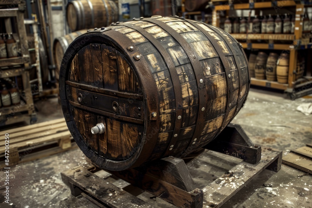 Old and used oak barrel standing in a brewery storage room Old and used oak barrel standing in a brewery storage room