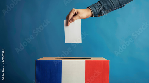 A person entering a vote into a ballot box French flag. France elections photo