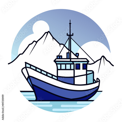 Vector illustration of a fishing boat sailing near mountains.