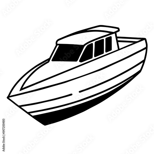 sleek motorboat illustrated in a black and white style.