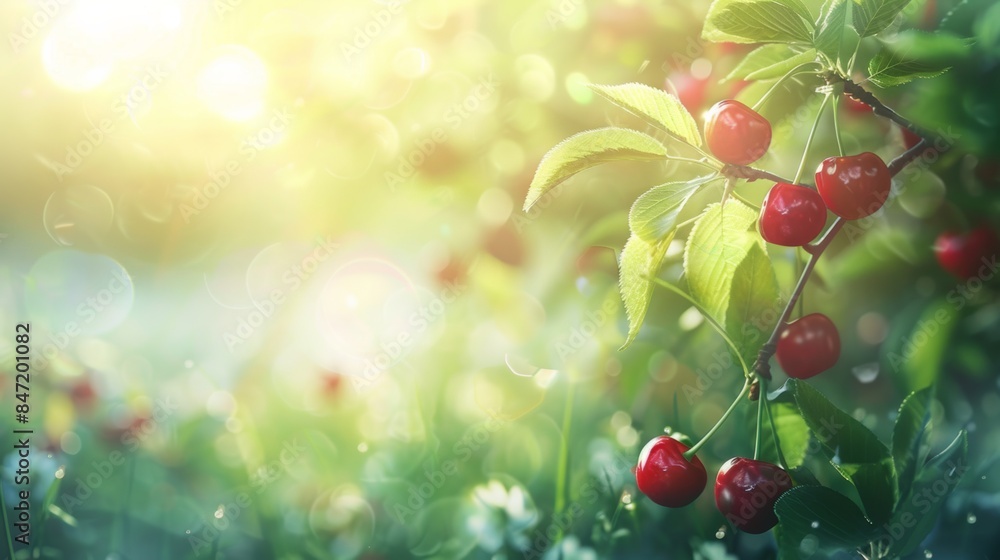 A bunch of cherries hanging from a tree A bunch of cherries hanging from a tree