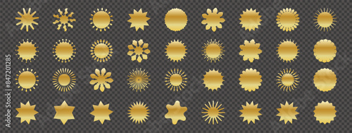 Gold blank stickers promo set. Collection of flat golden starburst, sale or price tag, quality mark design, retro 70s or 80s discount badge, sunray promotional element. Vector of hipster badges.