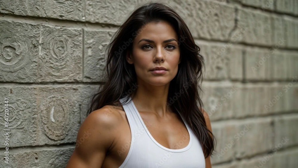 A muscular woman with long dark hair, wearing a white tank top, stands against a stone wall. her face is focused and determined. A muscular woman with long dark hair, wearing a white tank top, stands against a stone wall. her face is focused and determined.