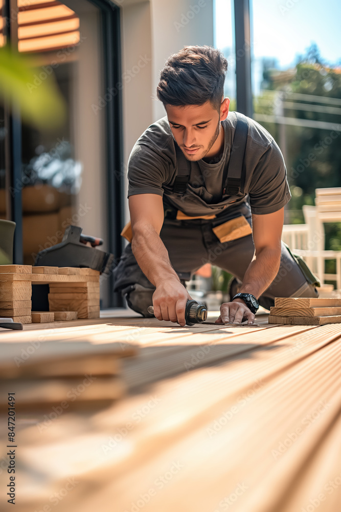 Carpenter using electric screwdriver building wooden deck on terrace Carpenter using electric screwdriver building wooden deck on terrace