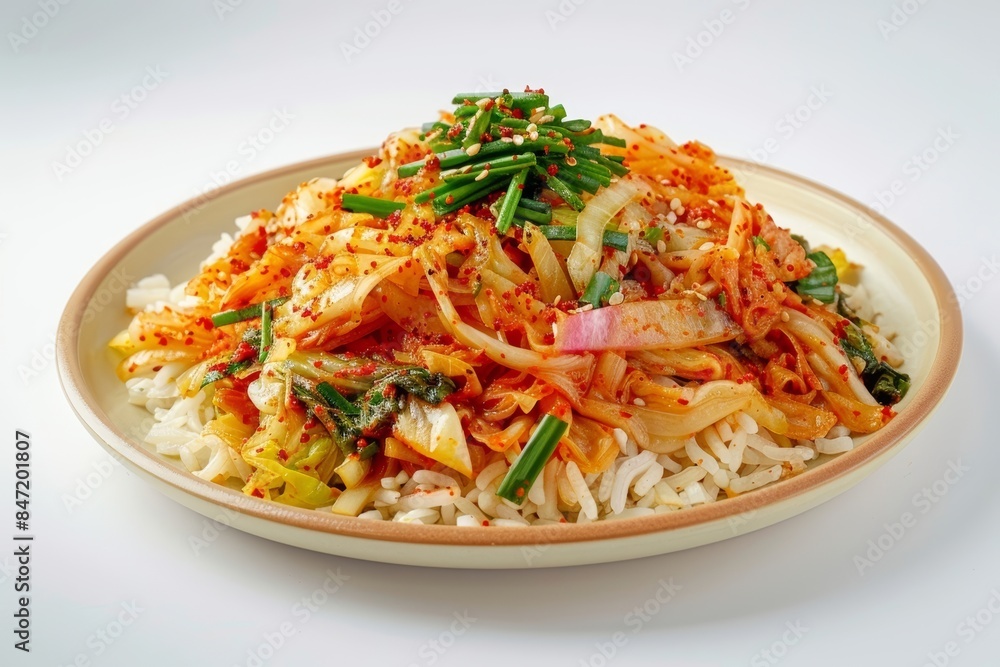 Satisfying Baechu Kimchi with Chinese Chives and Onion on Basmati Rice Satisfying Baechu Kimchi with Chinese Chives and Onion on Basmati Rice