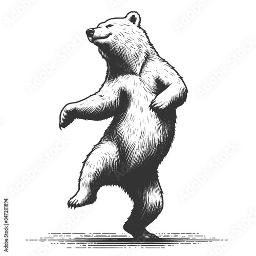 Dancing standing bear pointing with its paw sketch engraving generative ai fictional character vector illustration. Scratch board imitation. Black and white image.