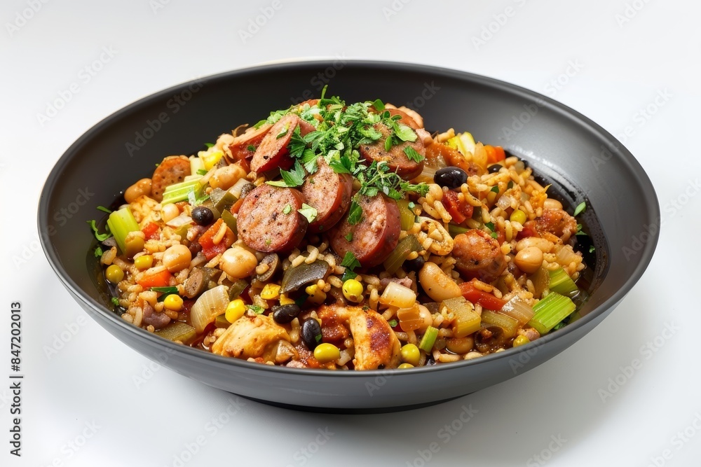Exquisite Black Jambalaya in Elegant Bowl with Roasted Chicken Exquisite Black Jambalaya in Elegant Bowl with Roasted Chicken