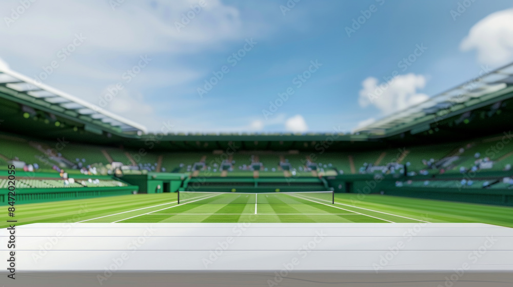 a blank product display table top with tennis stadium blurred background a blank product display table top with tennis stadium blurred background