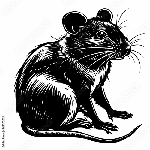 A black and white drawing of a mouse on a white background