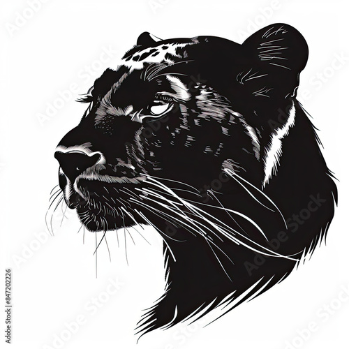 A black and white drawing of a panther 's head