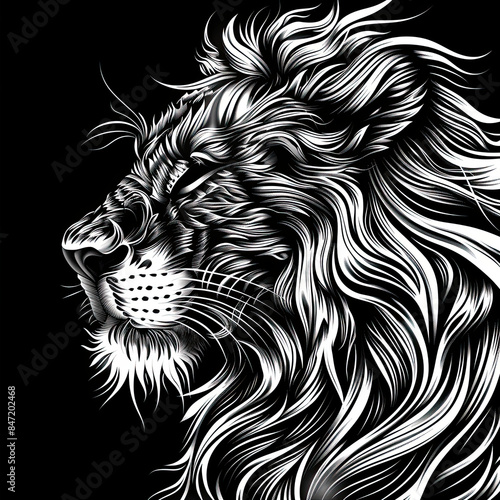 A black and white drawing of a lion with a long mane