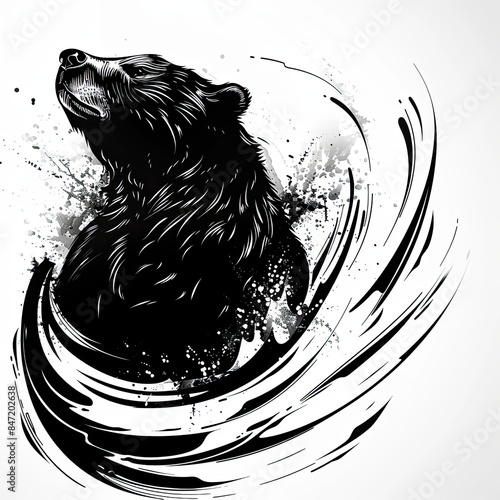 A black and white drawing of a bear on a white background