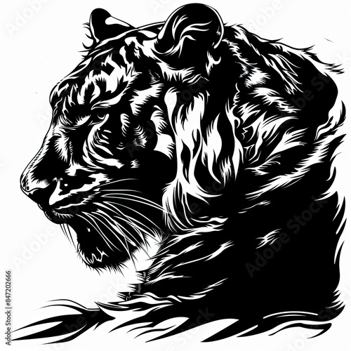 A black and white drawing of a tiger 's head